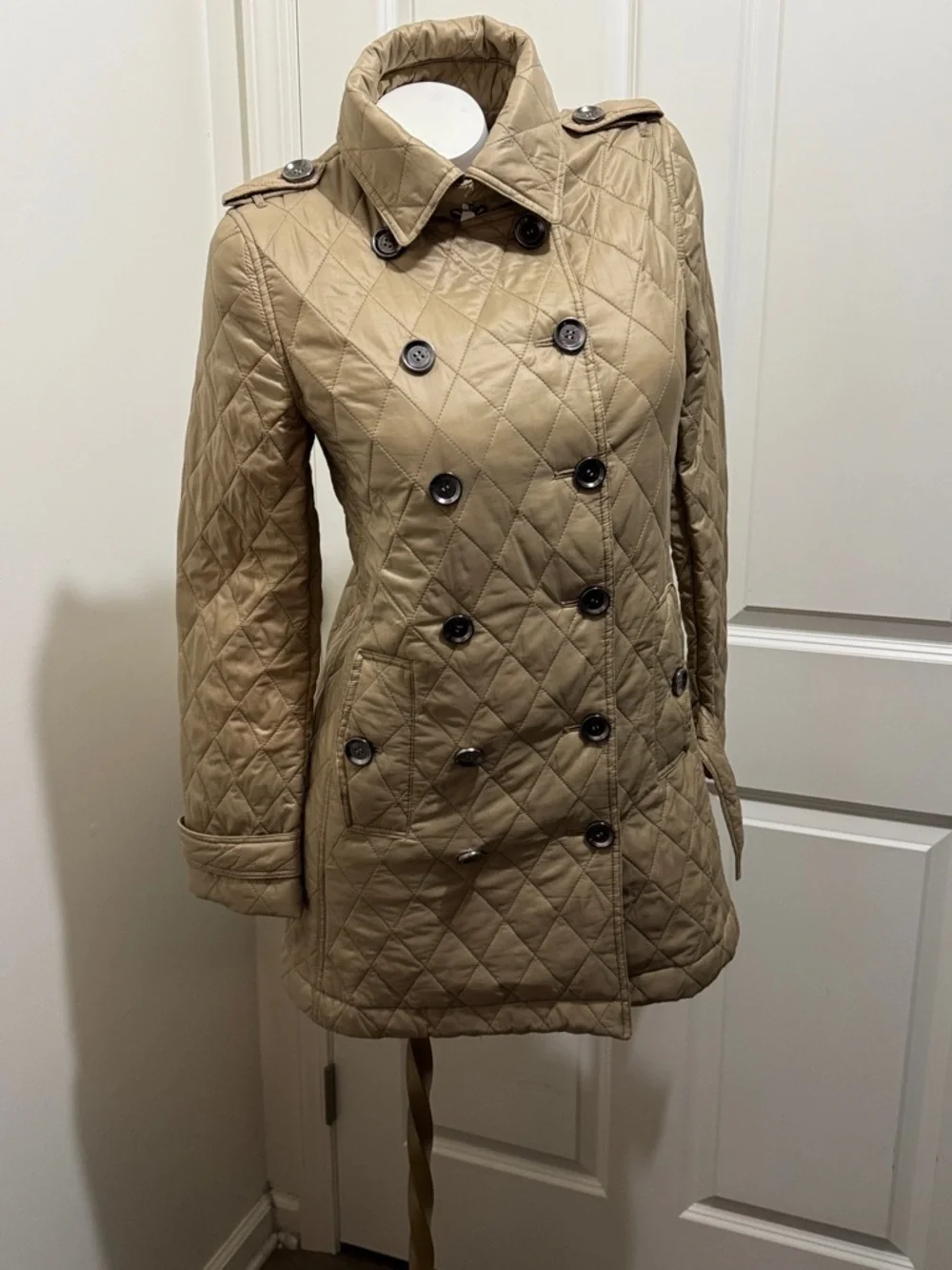 Burberry Quilted Double-Breasted Trench Coat in Beige - Picture 1 of 15